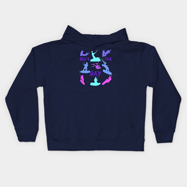 Kitesurfer Silhouette Pattern With Seas The Day Quote Kids Hoodie by taiche